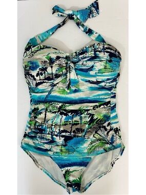 Tommy Bahama Blue & Green Tropical Halter One-Piece Swimsuit Palm Trees Ocean